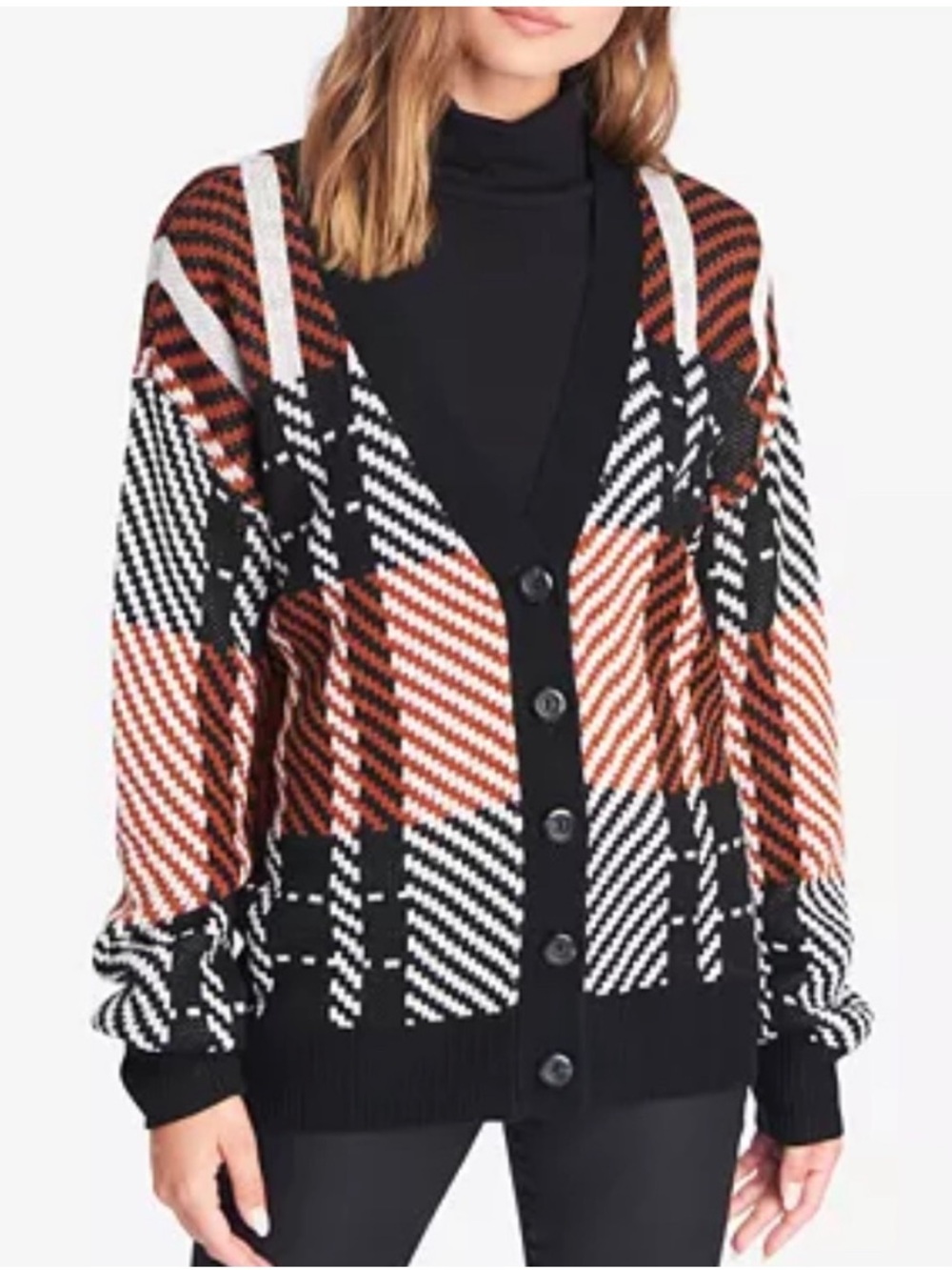 Sanctuary knit Plaid Button-Front Cardigan Sweater in Rust/Black/White